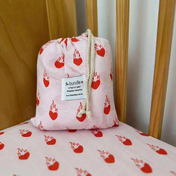 Flaming Hearts Cot Sheet - 70% bamboo + 30% cotton