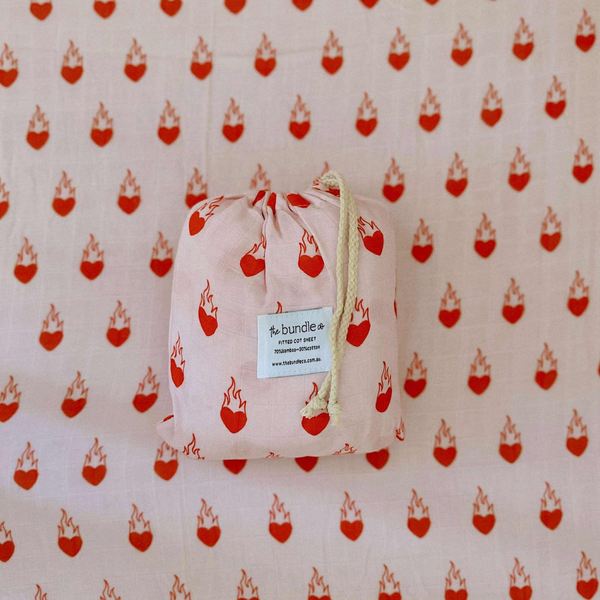 Flaming Hearts Cot Sheet - 70% bamboo + 30% cotton